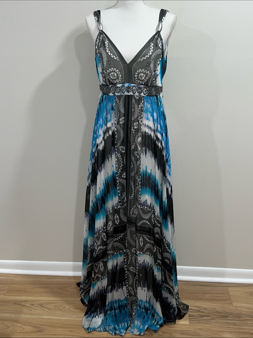 White House Black Market Size 6 Maxi Dress Blue Black Beaded Empire Waist Chiffo